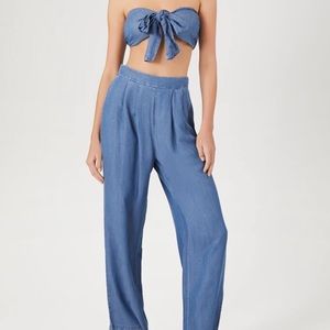 Lulus Tie Front Crop Top and Chambray Pants Set